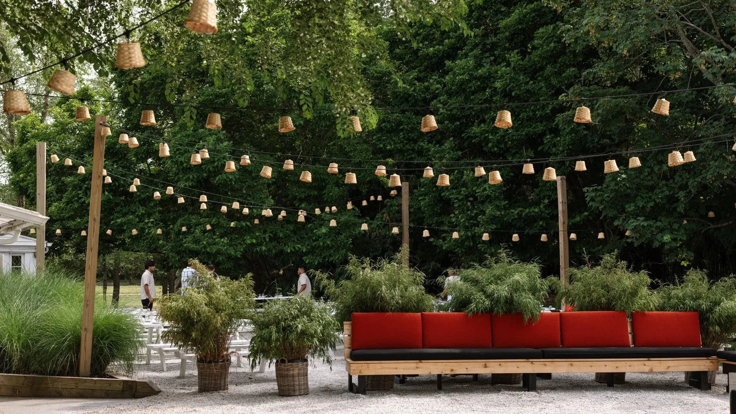 Moby's garden with basket string lights, East Hampton