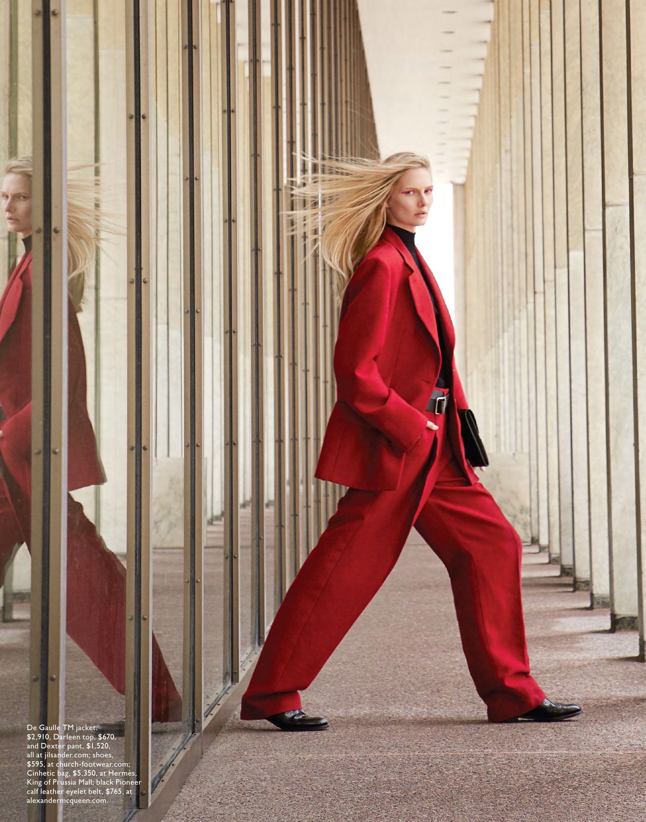 Olga Cerpita — red suit fashion editorial