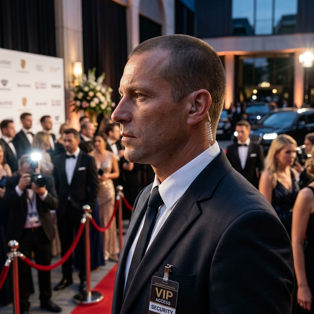 Raul — licensed security partner working a red-carpet arrival