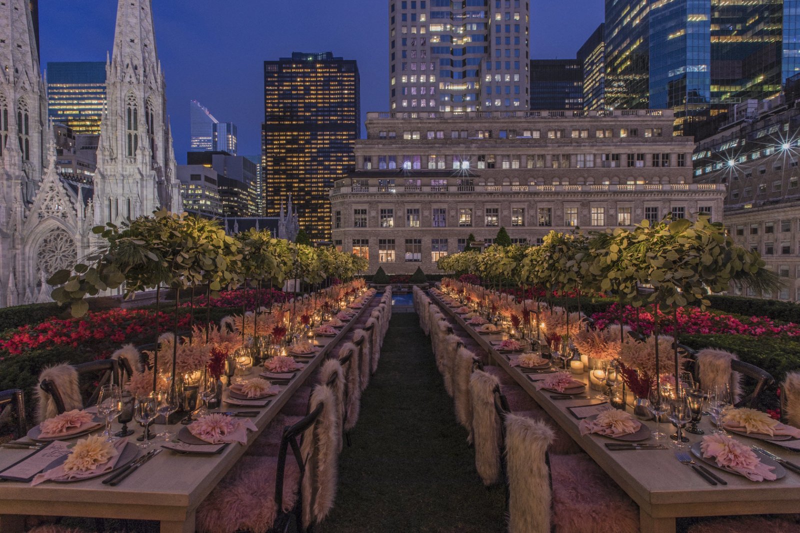 A candlelit rooftop garden dinner overlooking St. Patrick's Cathedral and the Manhattan skyline
